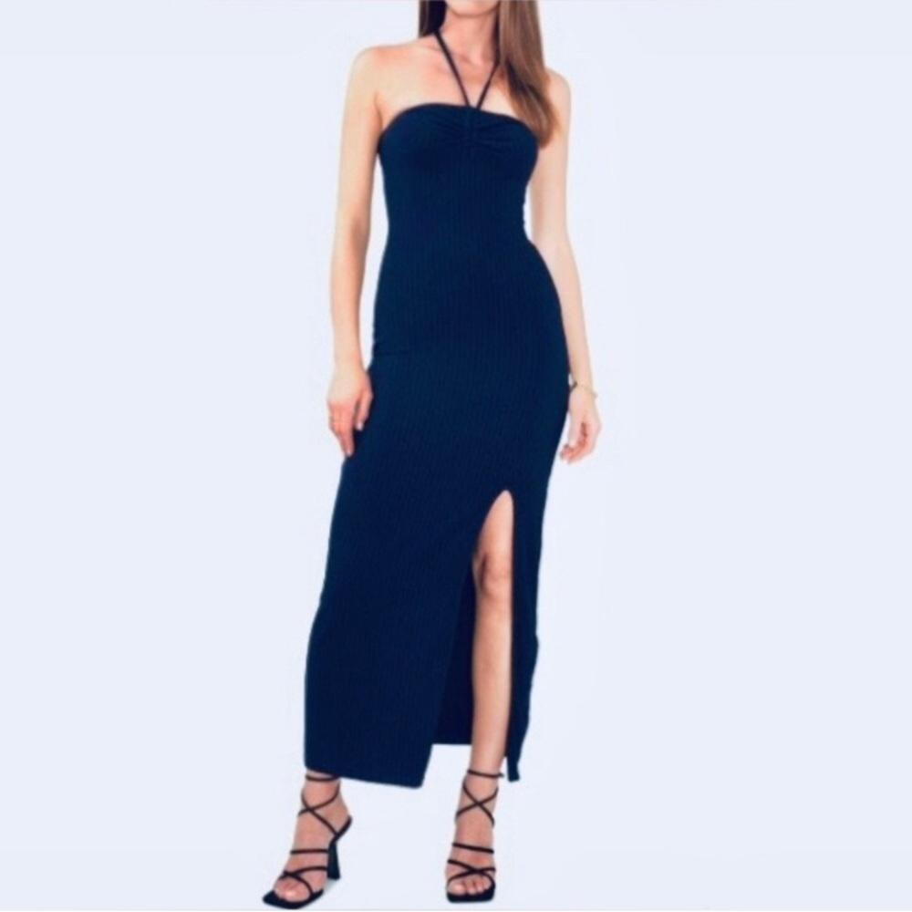 1. STATE Dress Medium Ruched Rib Knit Halter Maxi Slit